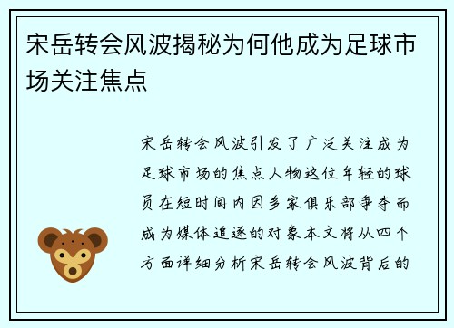 宋岳转会风波揭秘为何他成为足球市场关注焦点