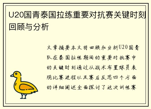 U20国青泰国拉练重要对抗赛关键时刻回顾与分析