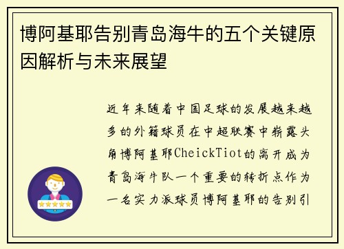 博阿基耶告别青岛海牛的五个关键原因解析与未来展望